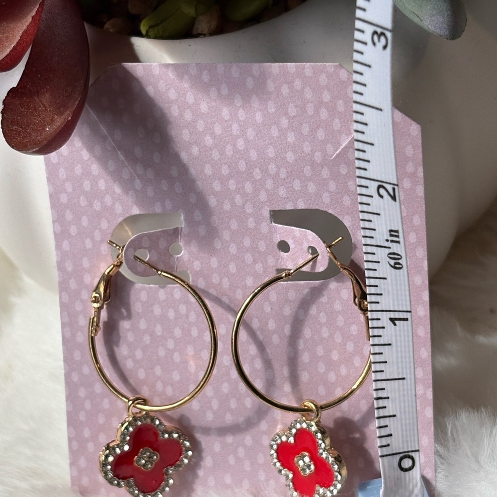 Gold and Red Floral Hoop Earrings - Picture 3 of 3